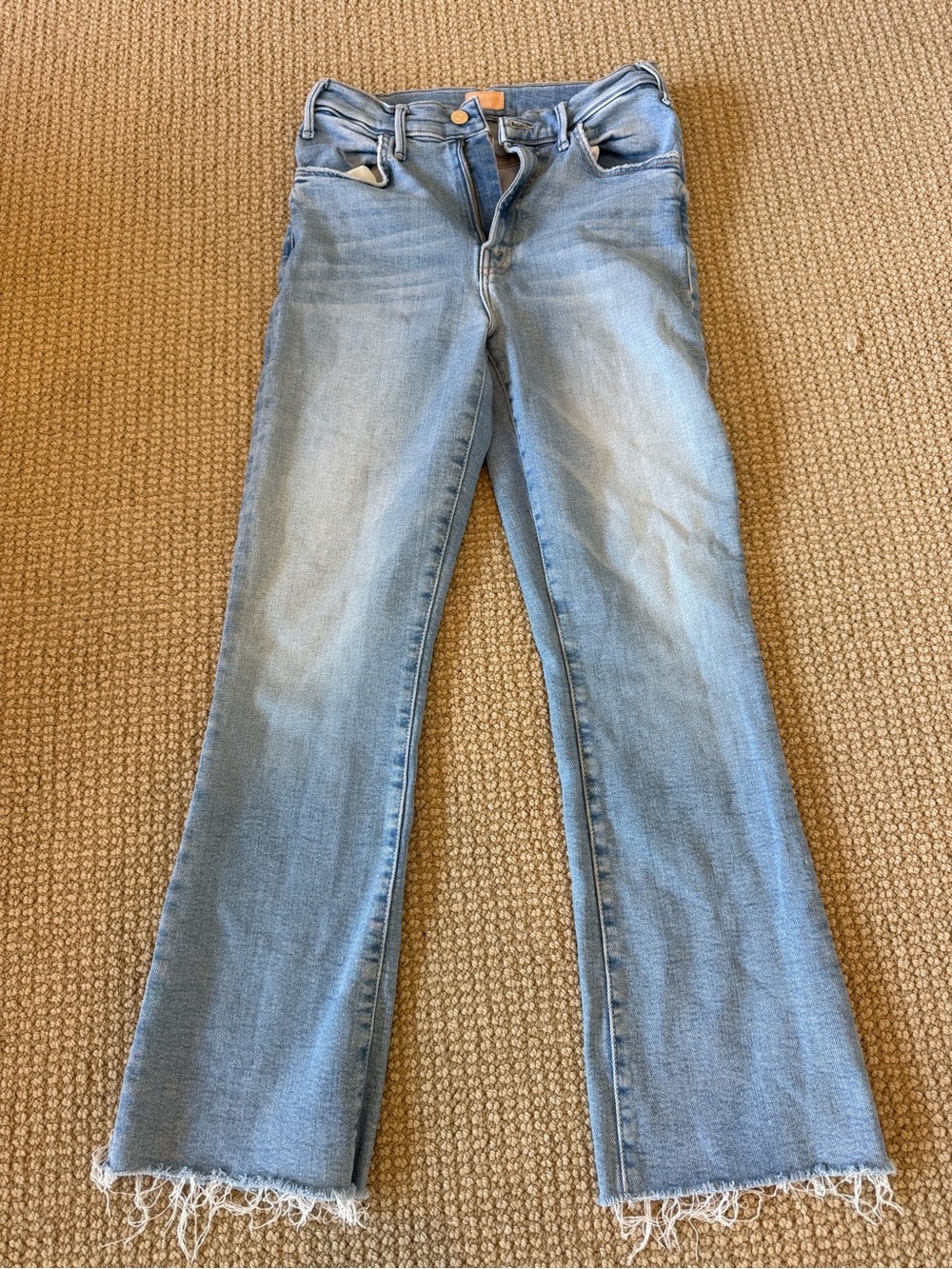 MOTHER Light Blue Cropped Flare Jeans with Frayed Hem